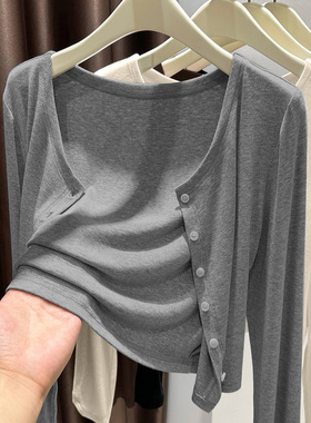 大码胖mm巨显瘦针织开衫高级感麻灰色春装罗纹短外搭200斤胖妹妹