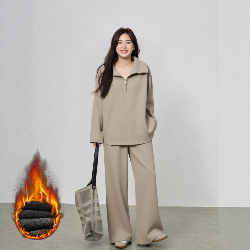大码秋冬套装2025新款加绒女装上衣高腰阔腿裤梨形身材巨显瘦两件