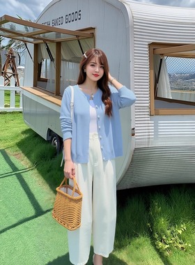 开衫大码胖mm女装220斤春秋长袖针织空调房特大宽松百搭蓝色针织