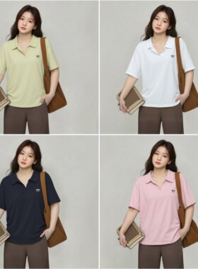 大码女夏季新款休闲气质小清新POLO领刺绣蝴蝶结短袖200斤T恤6793