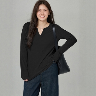 早春V领磨毛打底衫 大码 遮肚女装 内搭时尚 胖mm巨好看上衣正肩长袖