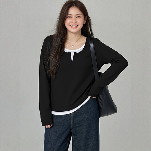 凤凰依屋大码黑色假两件T恤