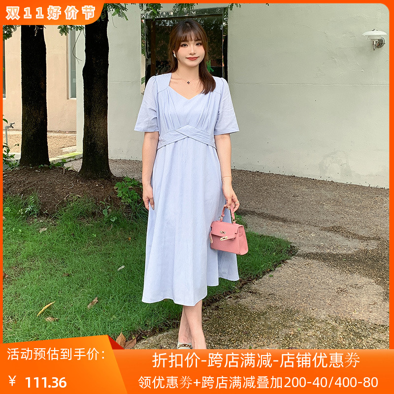 胖妹大码时尚连衣裙遮肚子夏装高腰显瘦仙气女装雪纺胖mm仙女裙子