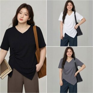 V领设计感T恤女 短袖 大码 胖mm巨好看上衣漂亮宽松显瘦遮肚女士夏季