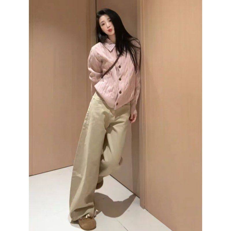 实价#绵羊绒#韩系粉色假两件polo领针织开衫女2025秋冬季毛衣外套,女装/女士精品,毛衣,淘宝优惠券,粉丝福利购,淘宝优惠卷