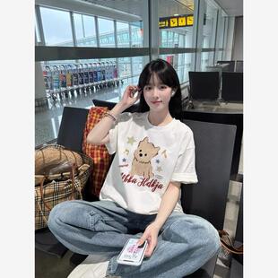 上衣夏 美式 复古纯棉白色短袖 T恤女2025新款 宽松韩系chic穿搭半袖