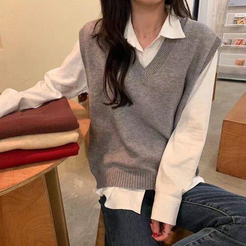 pusumede 洋气v领针织马甲背心女新款百搭无袖坎肩叠穿马夹上衣