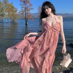 法式 海边氛围感仙女沙滩裙 纯色度假风露背挂脖吊带连衣裙女装 夏季