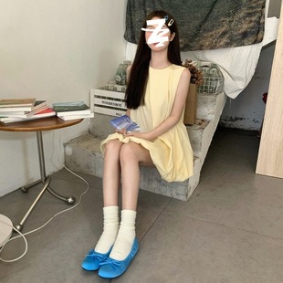 奶黄色无袖 小个子甜美度假风蓬蓬短裙子 背心花苞连衣裙女夏季 新款