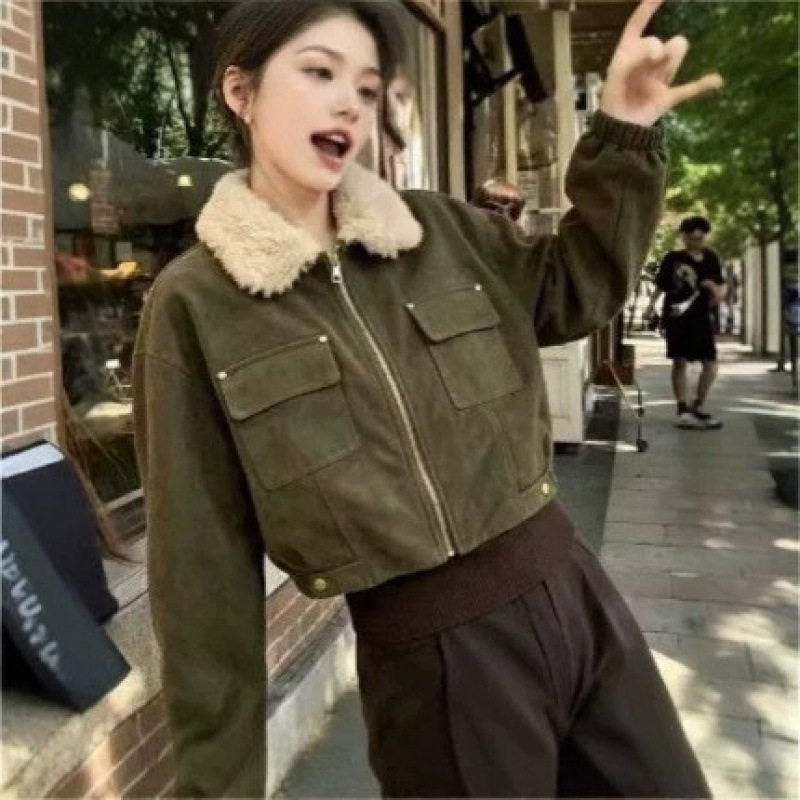 麂皮绒加绒外套女短款2026秋冬新时尚仿羊羔毛翻领机车服保暖棉衣