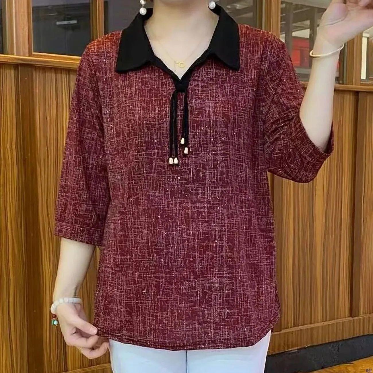 夏季翻领薄款宽松休闲百搭显瘦7分袖t恤小衫减龄妈妈装衬衫领上衣