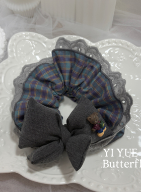 韩国东大门新款学院风灰色系格子蝴蝶结蕾丝发圈淑女头绳皮筋发圈
