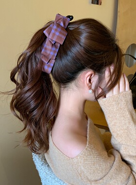 可露丽~ 赵露思同款紫色格纹蝴蝶结香蕉夹女后脑勺发夹马尾夹发饰