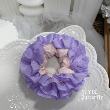 韩版手工撞色绣球大肠发圈褶皱清新花边拼接丸子头发圈时尚双层女