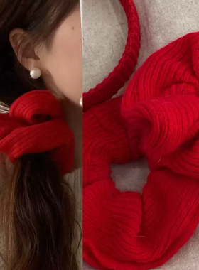 圣诞新年红显白针织红色大肠发圈韩国麻花毛线发绳秋冬温暖发饰女