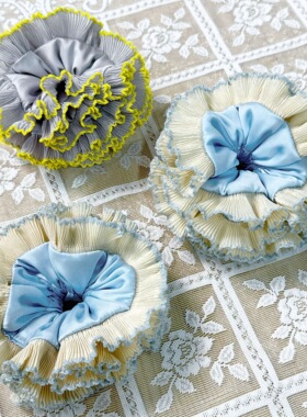 手工荷叶边发圈奶油蓝色褶皱花边撞色发饰仙气可爱头绳头饰配饰品