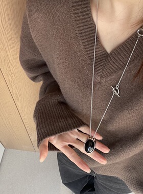 天然虎眼石黑曜石椭圆吊坠OT扣项链女简约气质个性锁骨链毛衣链女