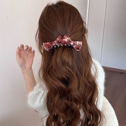甜美复古格纹蝴蝶结丸子香蕉夹抓夹2025新款高级感后脑勺发夹发饰