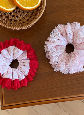 红色蕾丝大肠发圈重工发圈双层高级感发饰扎马尾头花丸子头发饰女