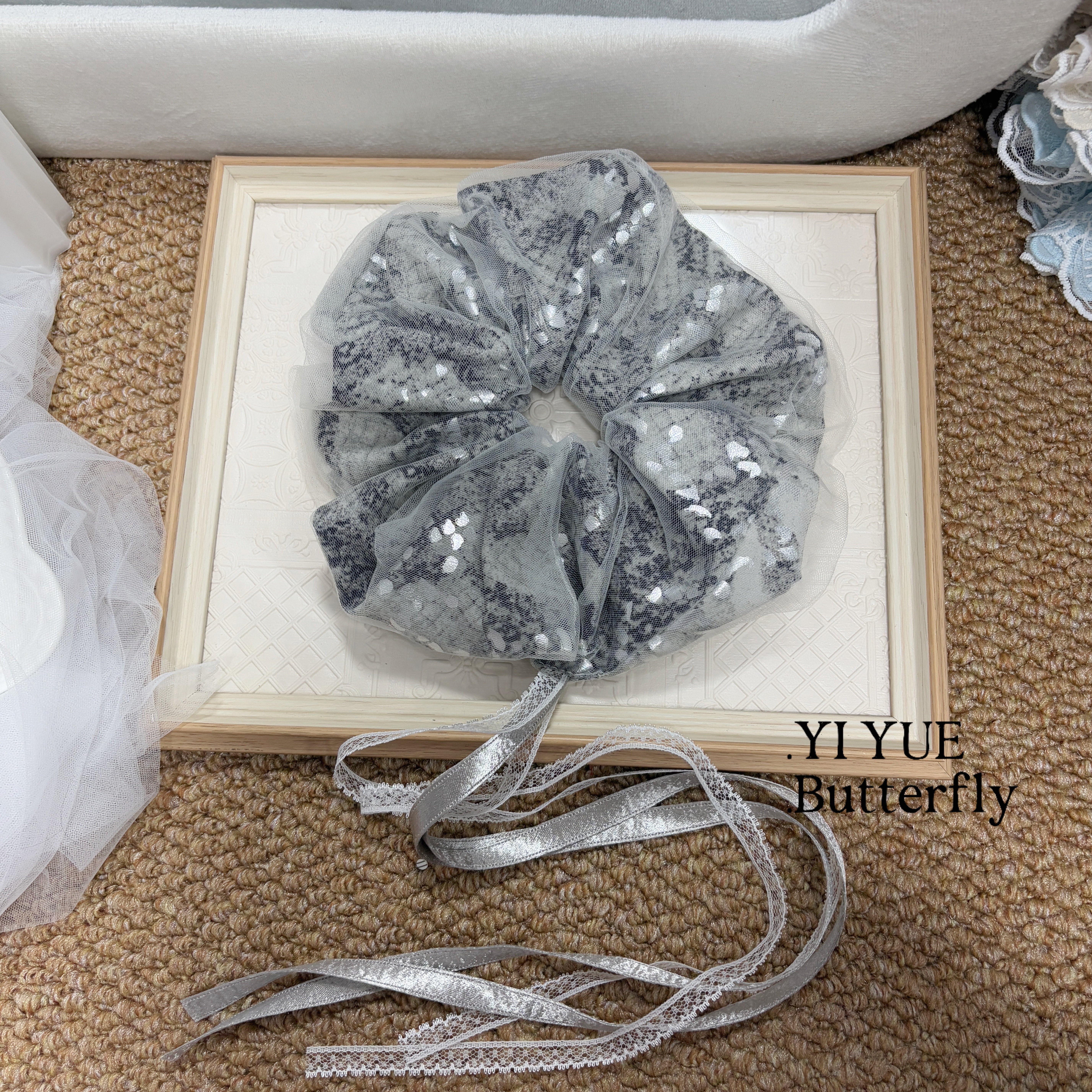 超大蟒蛇发圈银灰色薄纱鳞片蟒蛇纹罗纹蛇飘带大肠发圈发绳头发饰