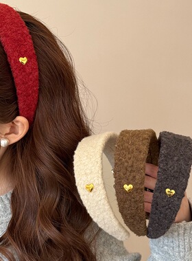 新年款温柔红色毛呢宽边金标爱心发箍女高级感不勒头发卡头箍头饰