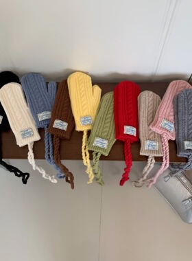 韩代ins风秋冬针织挂脖手套女 连指全包保暖加厚毛线可触屏手指套