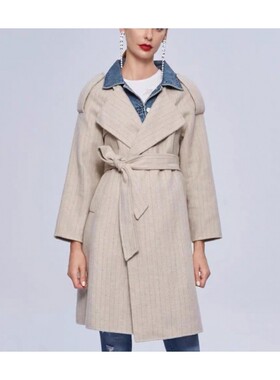 2019秋季牛仔拼接中长款复古中性大衣毛呢外套女 693MJ 7610000