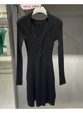 专柜直发春秋新款毛织连衣裙女挂脖V领修身开衩M-6w4rj8201000
