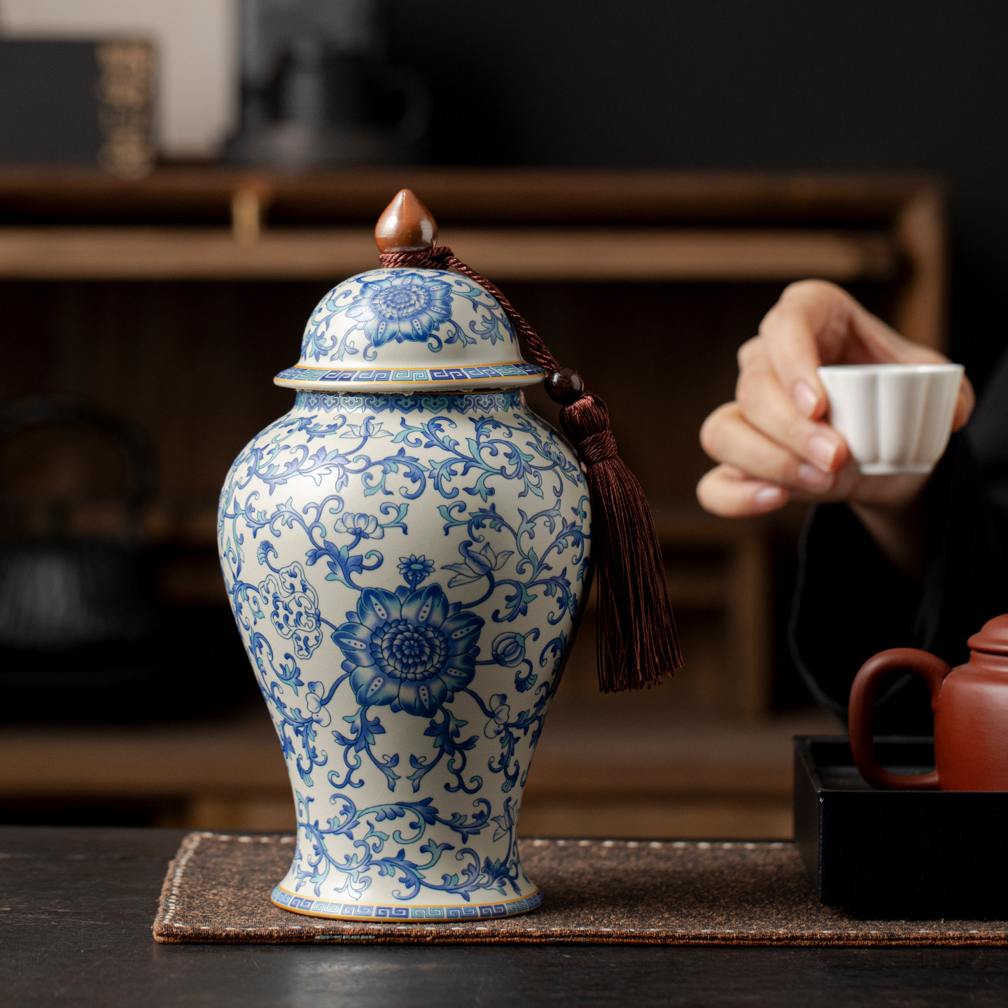 青花汝窑茶叶罐陶瓷大号密封罐子储物罐高档储茶罐防潮大容量罐子
