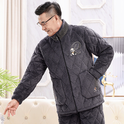 男士珊瑚绒夹棉睡衣中老年秋冬季