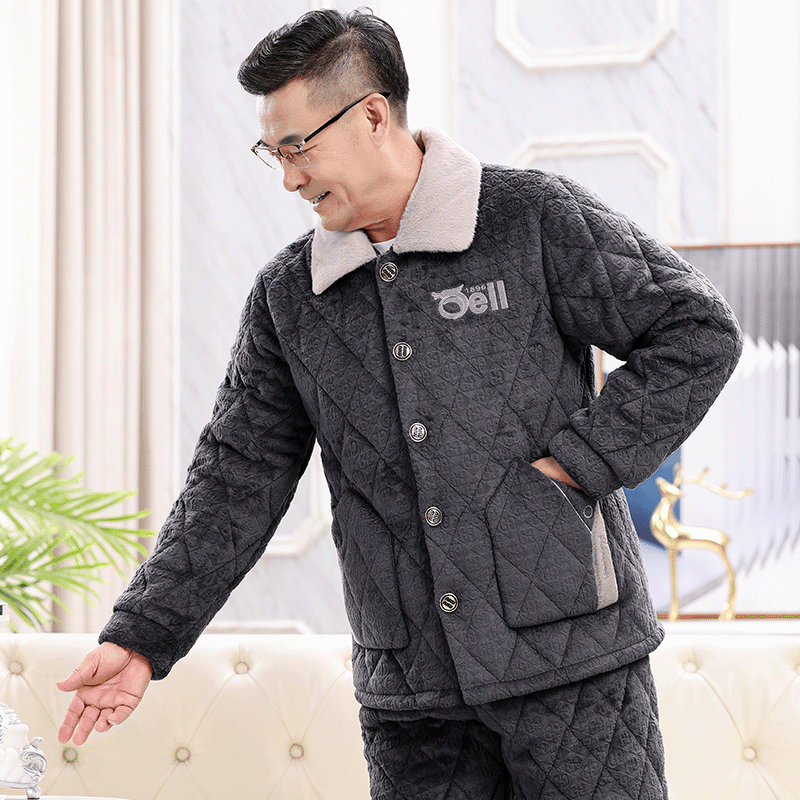 睡衣男士秋冬季三层加厚加绒珊瑚绒夹棉中老年保暖爸爸家居服冬款