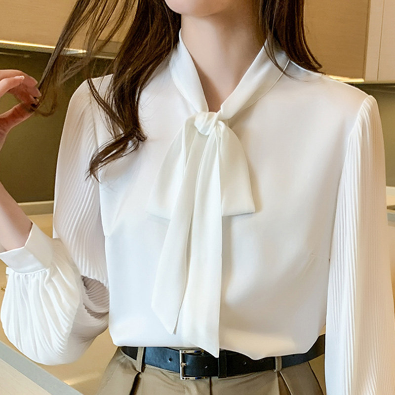 JOLIMENT白色衬衫女慵懒风2025年春秋新款飘带领宽松显瘦雪纺上衣