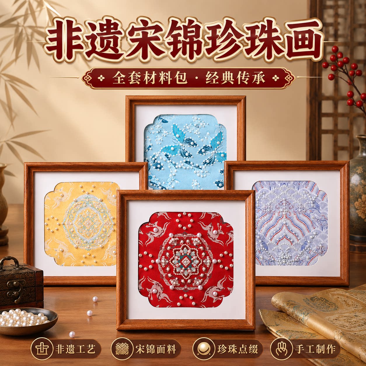 非遗宋锦珍珠画diy材料包手工制作相框装饰画暖场活动团建感恩节