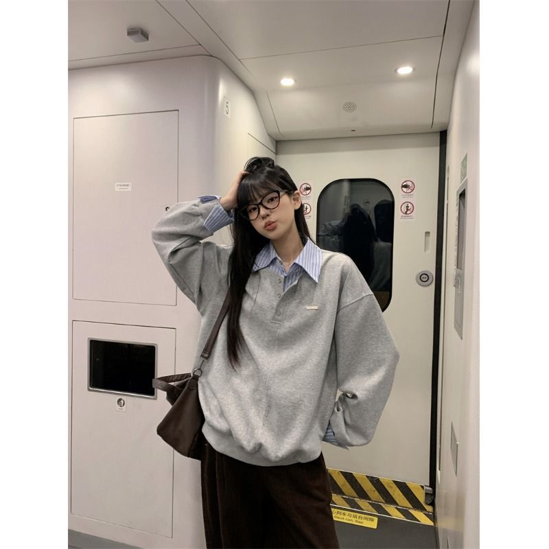 条纹衬衫拼接假两件卫衣女款春秋卫衣/绒衫