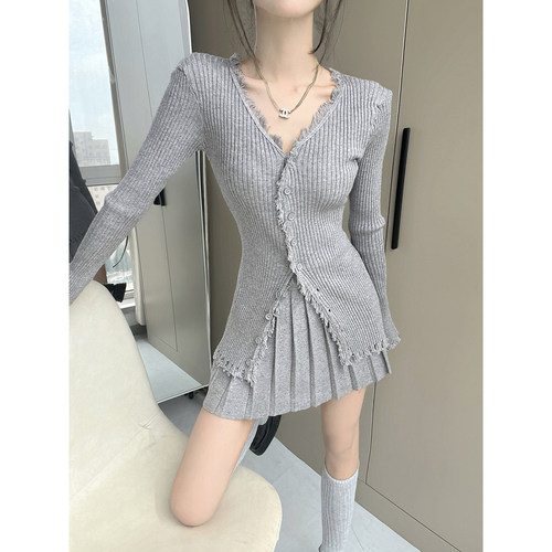 纯欲坑条流苏针织开衫女