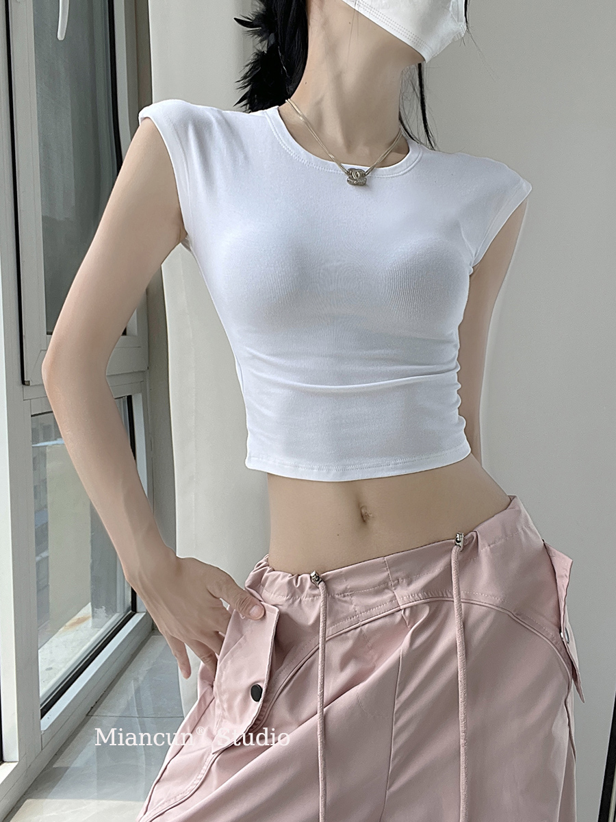 MianCun性感修身纯色百搭露脐短款T恤女舒适透气显瘦飞飞袖上衣