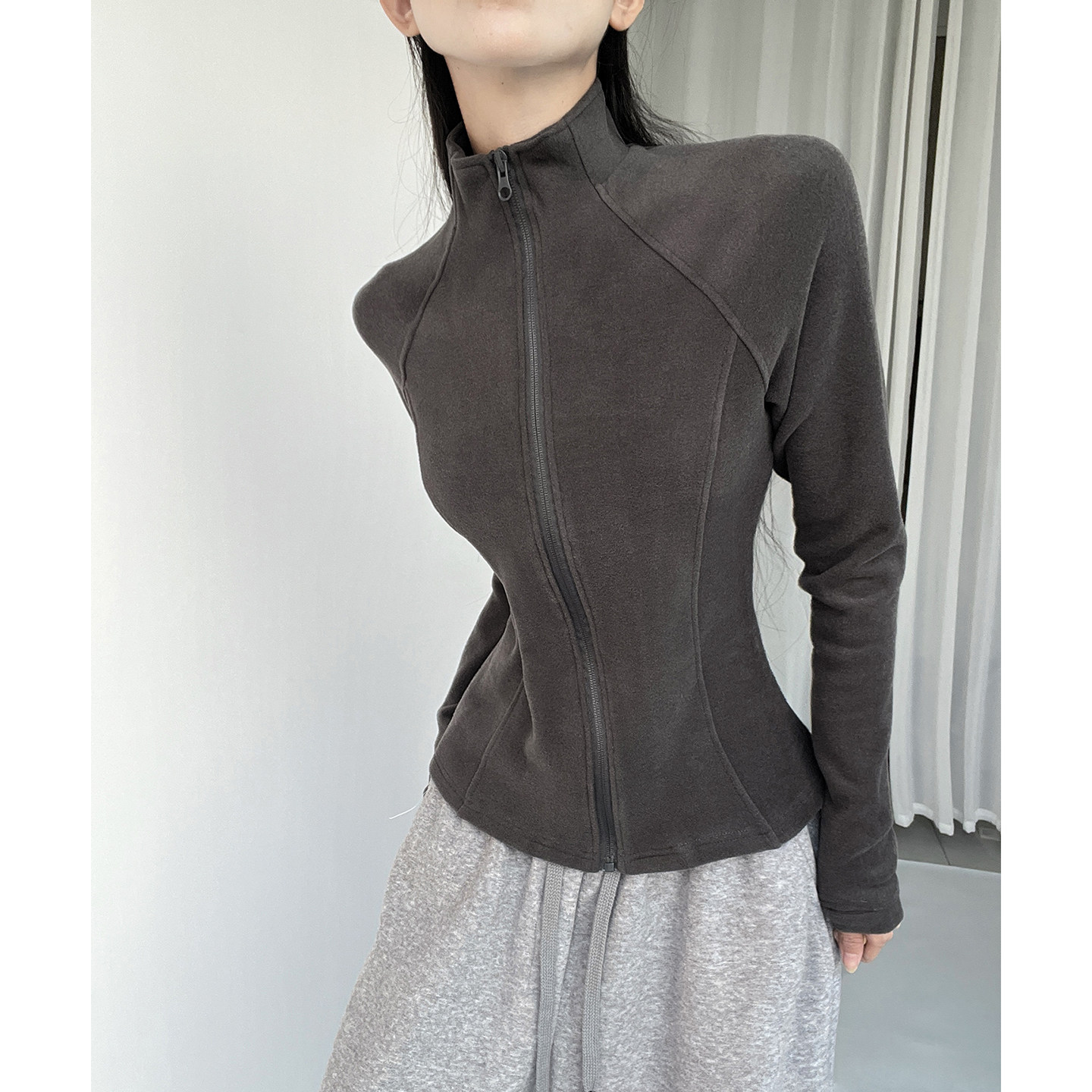 健身女孩春季立领瑜伽服外套德绒显瘦普拉提跑步长袖修身运动上衣