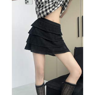 MianCun夏日甜豆羊毛钩花蛋糕短裙黑色半身裙女夏高级感显瘦裙子
