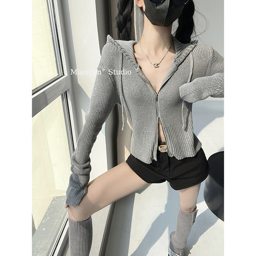 连帽拉链短款针织开衫女