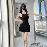 芭蕾風(fēng)方領(lǐng)法式吊帶連衣裙女修身包臀拼接百褶背心裙超短蛋糕裙