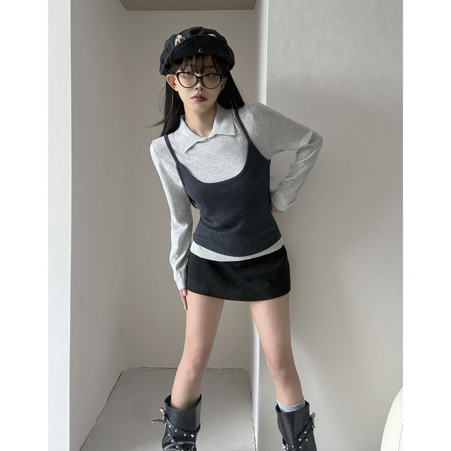 MianCun秋季polo领正肩长袖针织衫女修身内搭打底叠穿毛衣两件套