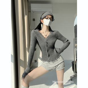 单排扣长袖 女冬2025新款 毛衣外套 毛边V领宽松针织开衫 团队自留款