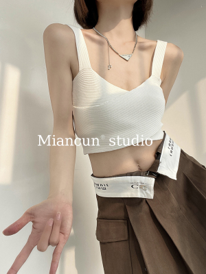 MianCun 纯欲风交叉V领针织背心女修身显瘦短款露脐打底吊带上衣