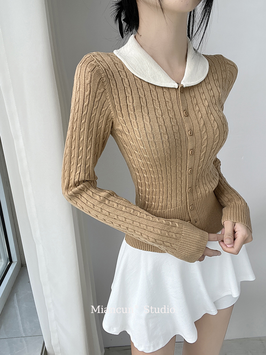 甜miu系乖乖女翻领针织开衫女减龄撞色娃娃领修身坑条麻花毛衣