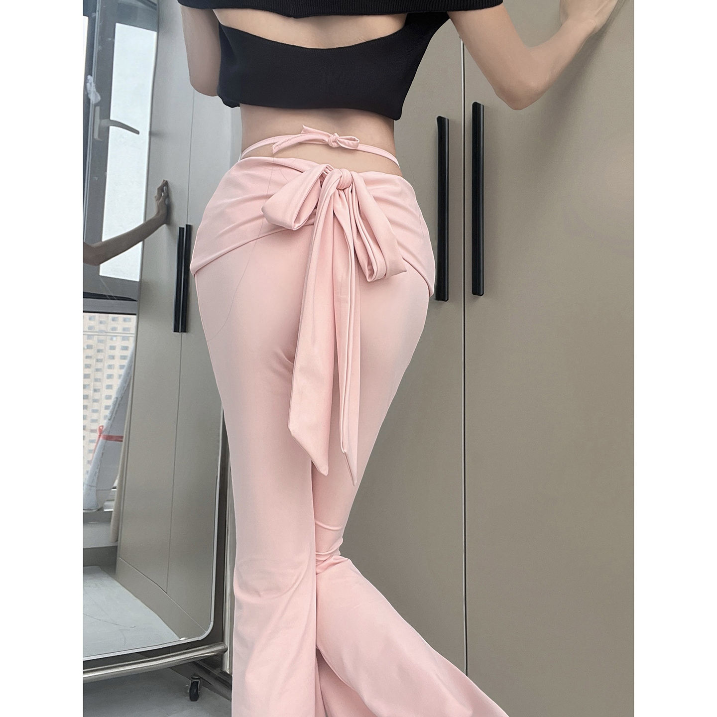 MianCun辣妹抽绳V腰微喇粉色瘦瘦长裤女系带紧身垂感拖地喇叭裤子