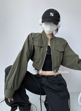 美式复古辣妹立领短款外套女设计感双头拉链棒球服夹克开衫上衣