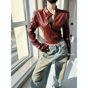 休斯顿街区修身高腰短款机车夹克上衣拉链弹力显瘦PU皮衣外套女