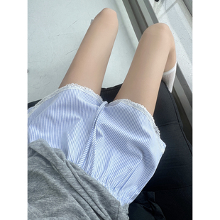 甜辣少女蕾絲花邊拼接休閑短褲 子 寬松闊腿設(shè)計(jì)感褲 女松緊腰條紋褲