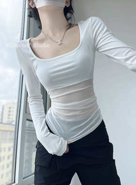 MianCun辣妹性感方领修身显瘦长袖T恤女褶皱拼接透视网纱打底上衣