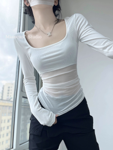 MianCun辣妹性感方领修身 T恤女褶皱拼接透视网纱打底上衣 显瘦长袖